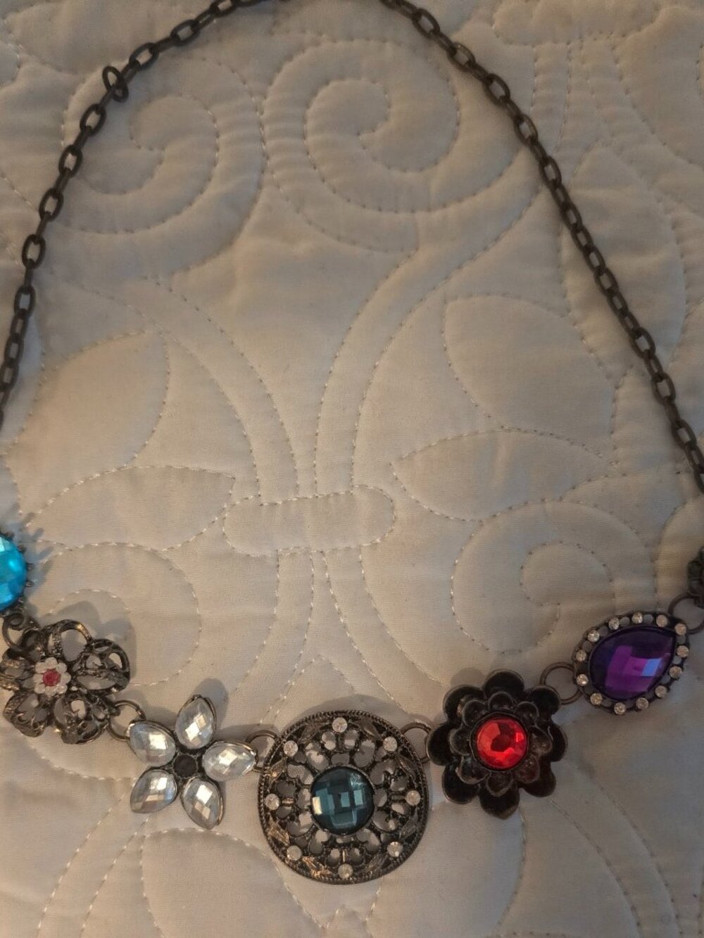 Vintage Dark Metal Statement Necklace • 6 Multicolor Medallions